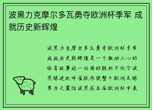 波黑力克摩尔多瓦勇夺欧洲杯季军 成就历史新辉煌